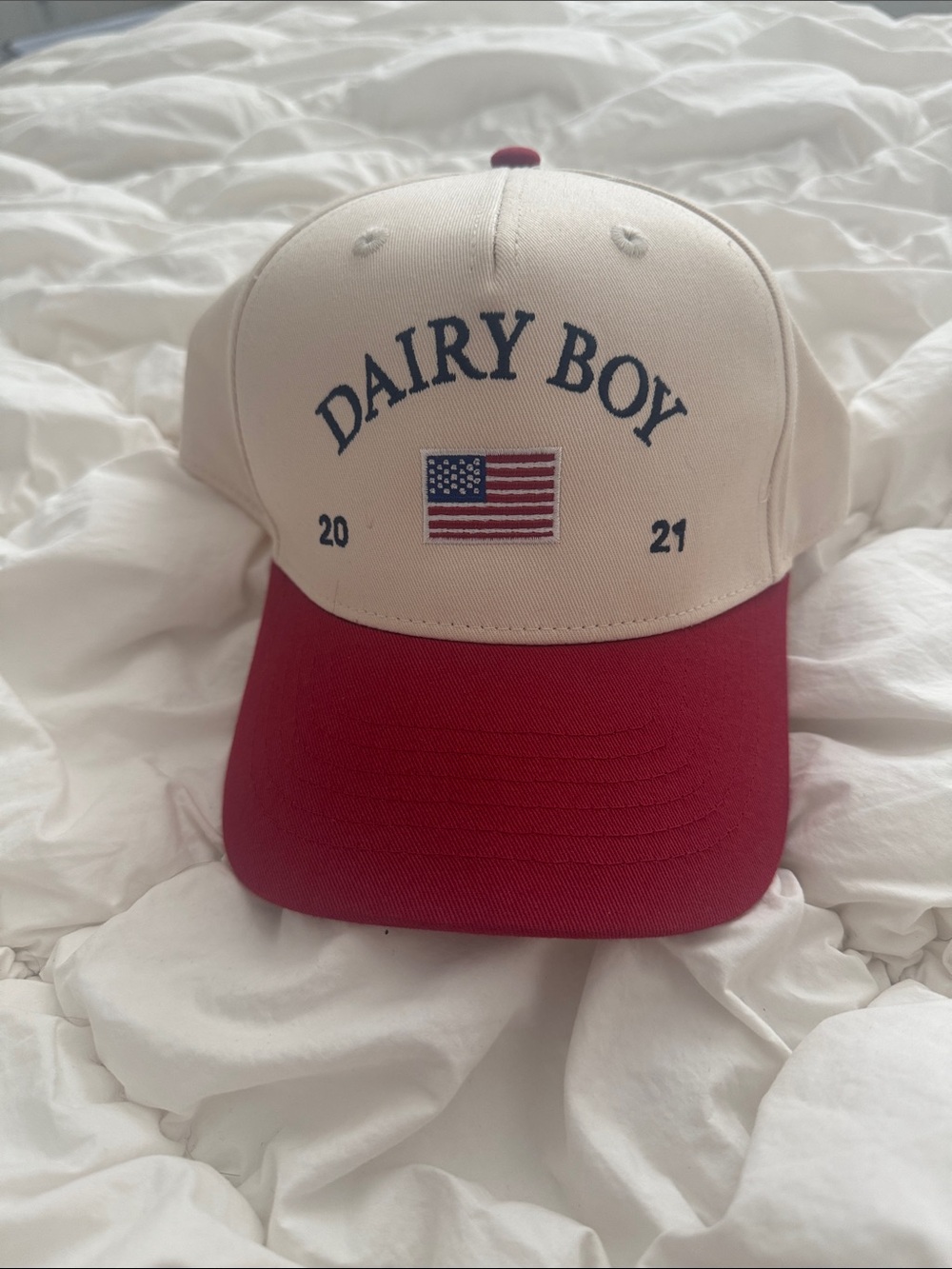 Dairy Boy Embroidered Two-Tone Cap - Cream & Red